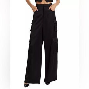 New Favorite Daughter Satin Cargo Pants Wide Leg High Rise Black Sz 0